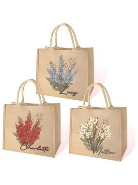 Generic Personalized Birth Flower Tote Bag, Custom Jute Beach Bag, Birthday